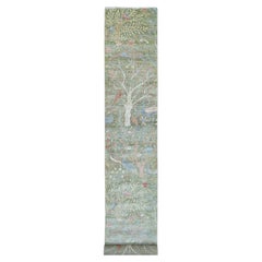 2'7"x17'7" Green Peshawar Birds of Paradise Design Hand Knotted Wool Runner Rug