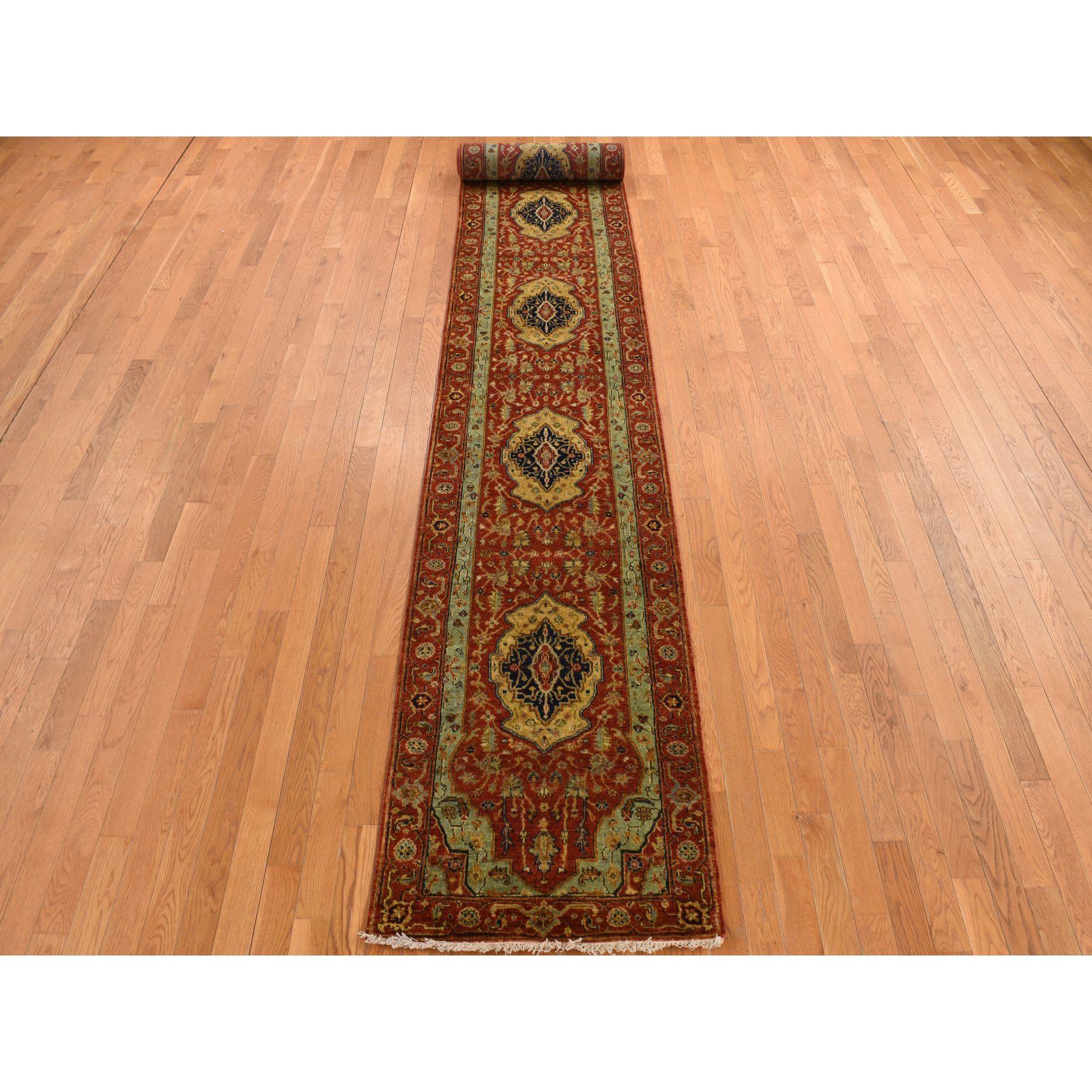 This is a truly genuine one-of-a-kind Antiqued Heriz Pure Wool XL Runner Hand-Knotted Oriental Rug. It has been Knotted for months and months in the centuries-old Persian weaving craftsmanship techniques by expert artisans. Primary materials: