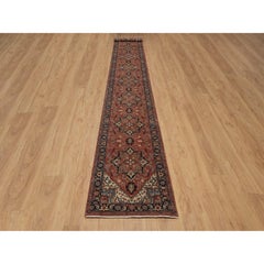 2'7"x18' Red Antiqued Fine Heriz Re-Creation Hand Knotted Soft Wool Runner Rug