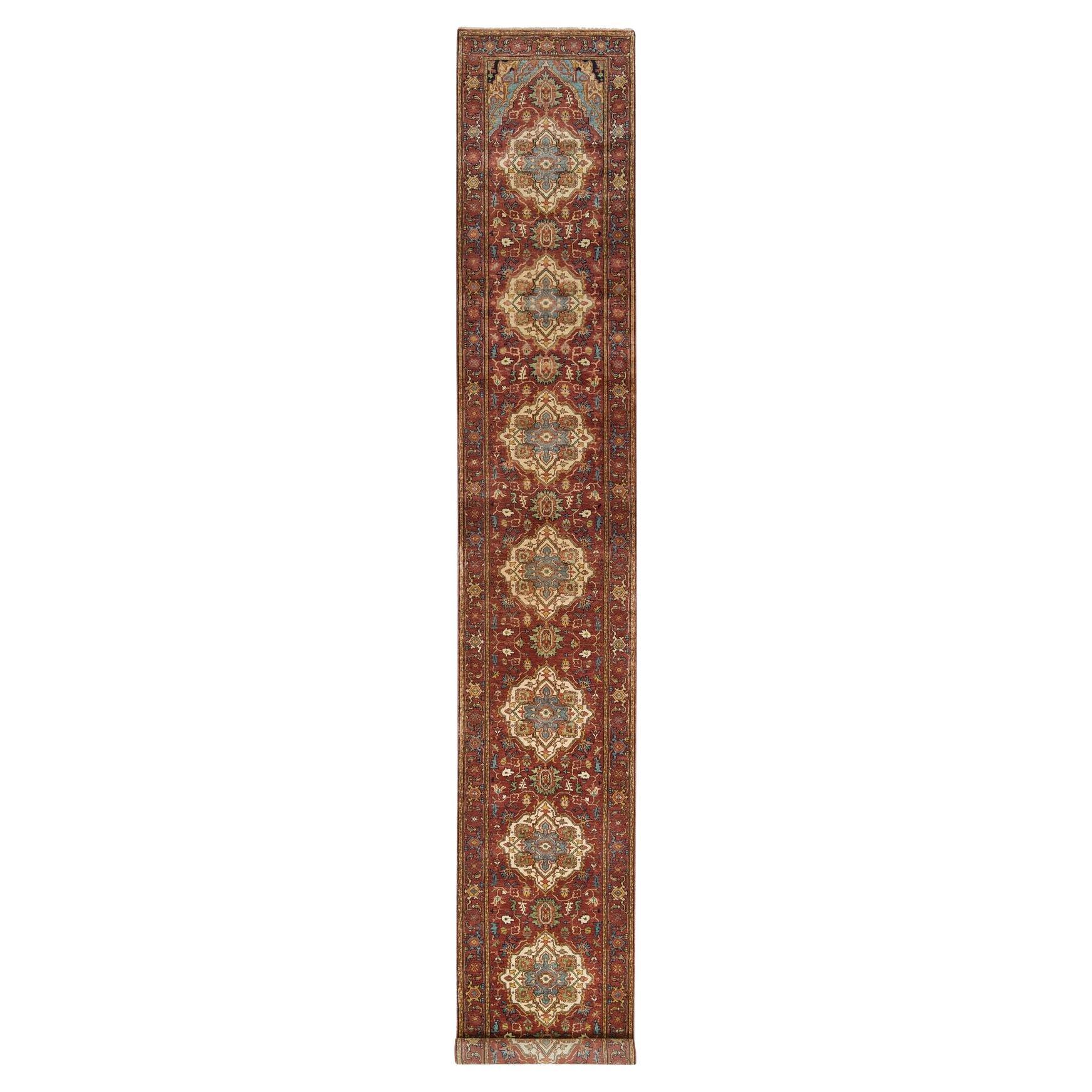 2'7"x18' Red Hand Knotted Fine Heriz Re-Creation Organic Wool XL Runner Rug