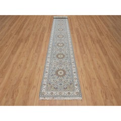 2'7"x18'5" Slate Blue Nain with Flower Design Wool-Silk Hand Knotted Runner Rug
