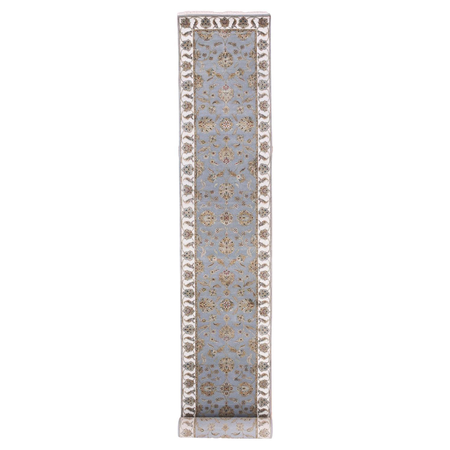 2
7"x18
8" Santorini Blue Rajasthan Hand Knotted Wool Silk Design XL Runner Rug For Sale