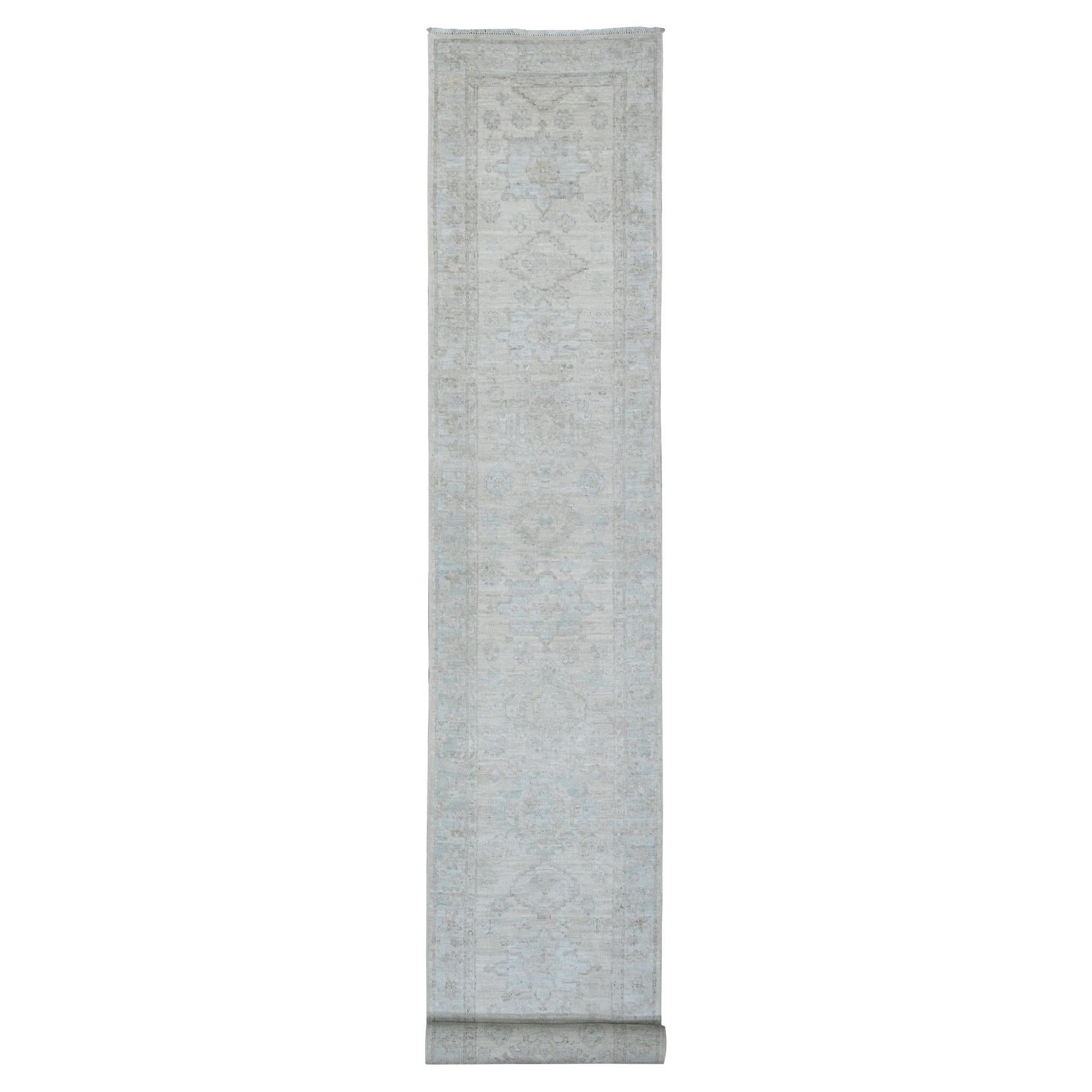 2'7"x18'9" White Hand Knotted Washed Out Peshawar Leaf Design Wool Runner Rug