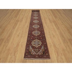 2'7"x20' Red Antiqued Fine Heriz Re-Creation Hand Knotted Soft Wool Runner Rug