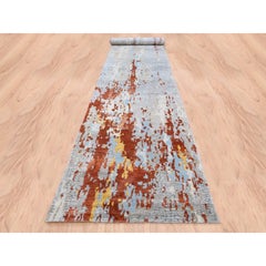 2'7"x20' Wool & Silk Abstract with Fire Mosaic Design Handknotted XL Runner Rug