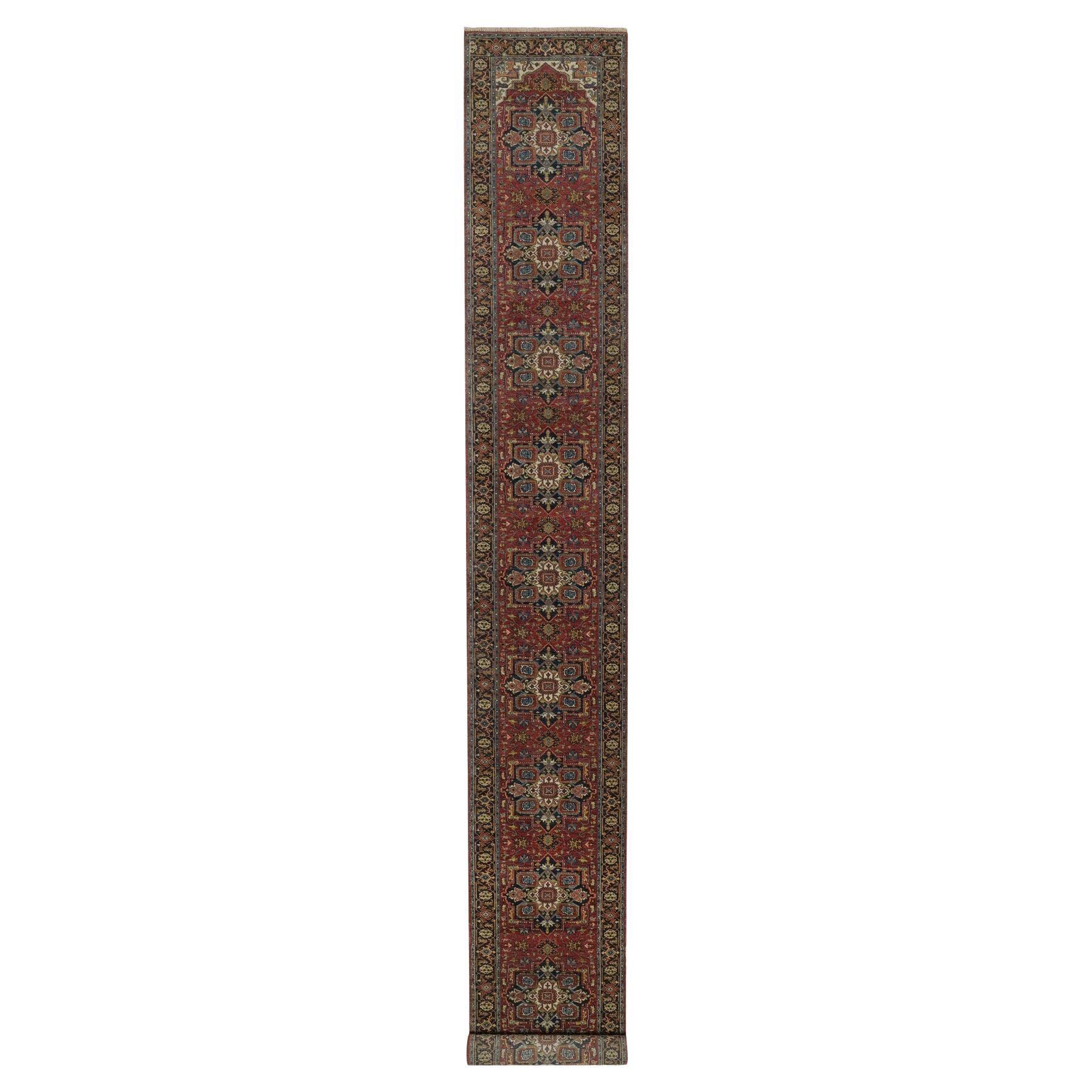 2
7"x20
4" Maroon Red Antiqued Fine Heriz Revival Hand Knotted Wool Runner Rug For Sale