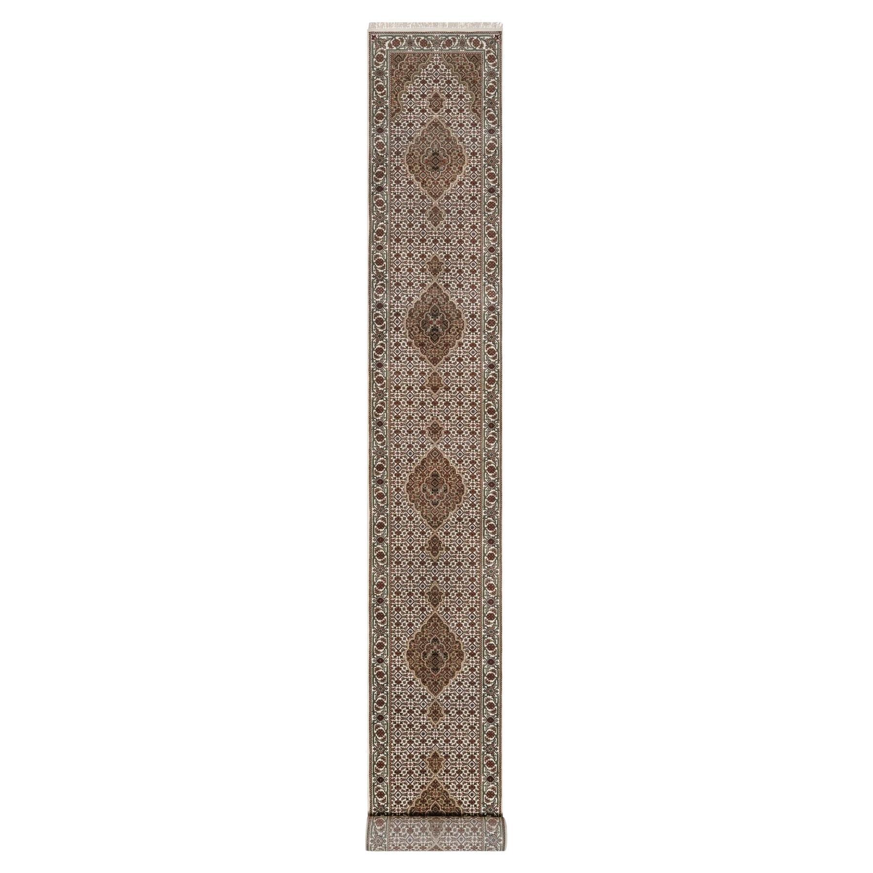 2
7"x21
2" Ivory Tabriz Mahi with Fish Medallion Design Pure Wool Runner Rug For Sale