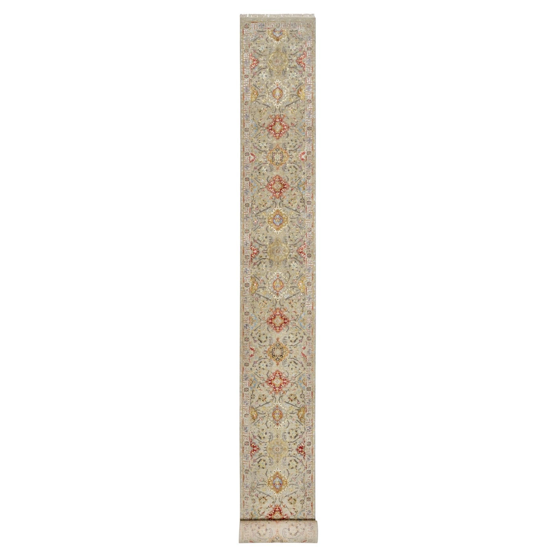 2'7 "x22' Beige, The Sunset Rosettes, Wolle und Seide, Handgeknüpfter XL Läufer Teppich