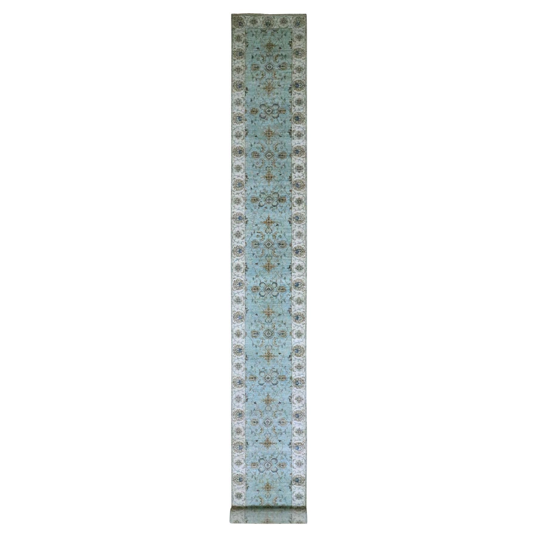 2'7 "x22' Azul Anudada a Mano Agra Shah Abbas Alfombra Corredera de Lana con Diseño de Vides Florales