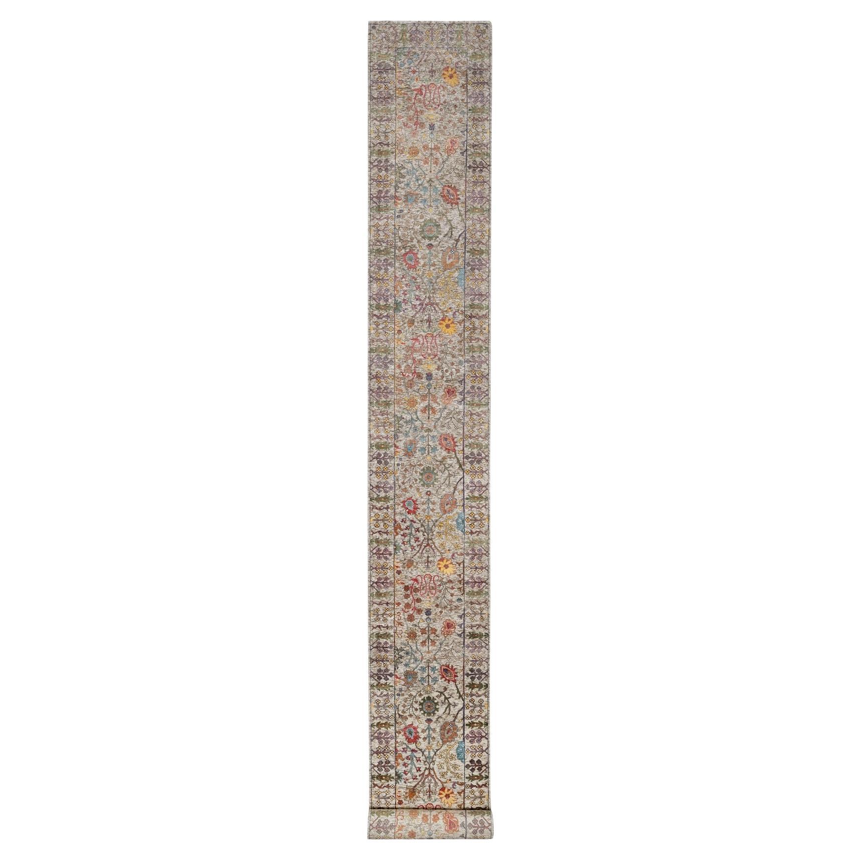 2'7 "x22' Weiß Directional Vase Hand geknüpft Seide mit Wolle XL Läufer Teppich
