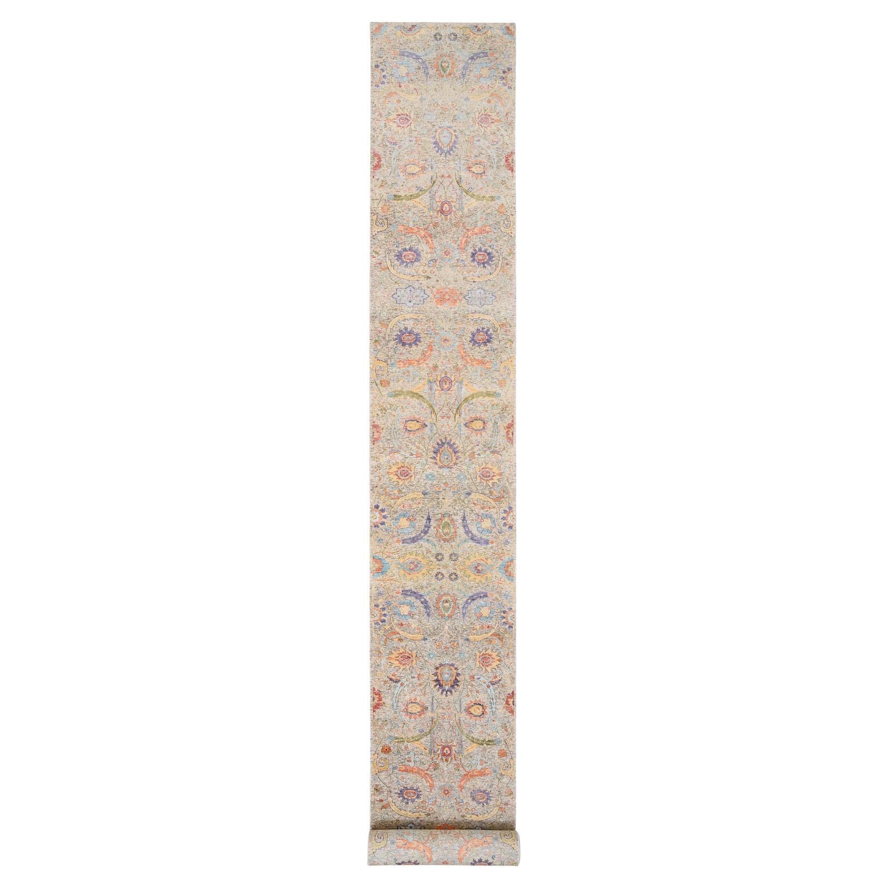 2'7 "x22'2" Tan, Sickle Leaf Design annodato a mano in seta e lana, tappeto runner XL