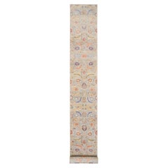 2'7"x22'2" Tan, Hand Knotted Sickle Leaf Design Silk With Wool, XL Runner Rug