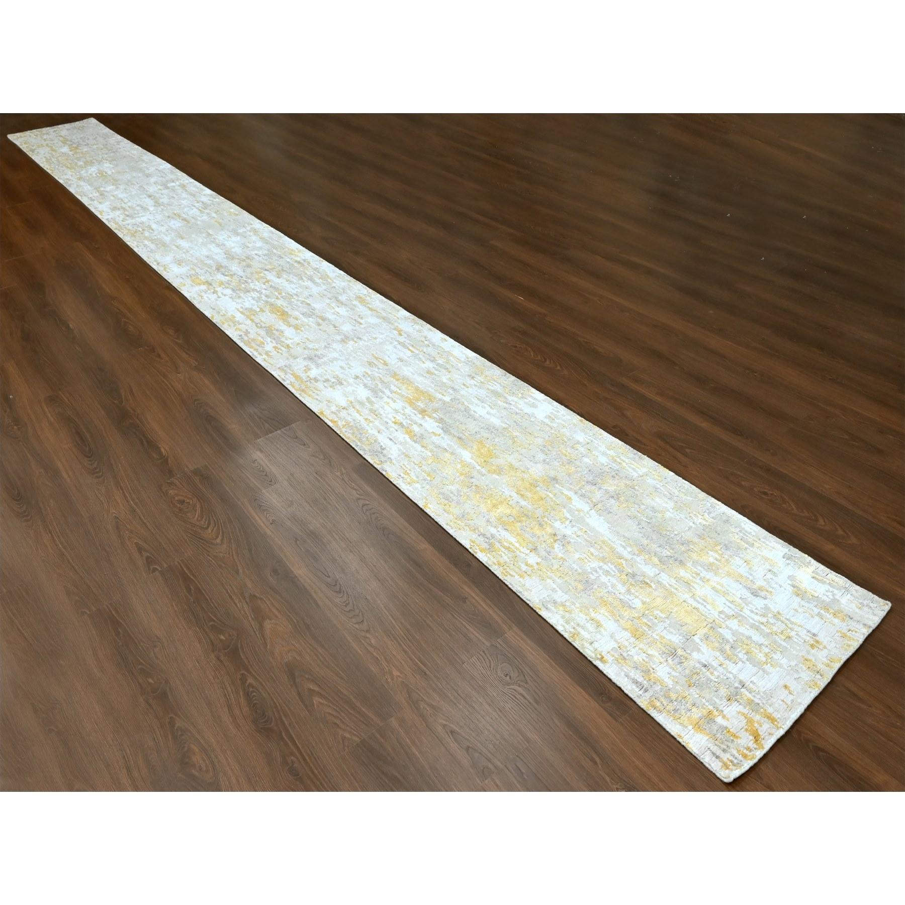 Beige with Gold, Abstract Design, Wool and Silk, Hi-Low Pile, Hand Knotted, XL Runner, Oriental Rug
Primary materials: Wool & Silk
Latex: No Pile 
height: 0.25 Inches
Style: Contemporary
Primary color: Beige
Secondary colors: Yellow, Ivory
Pattern: