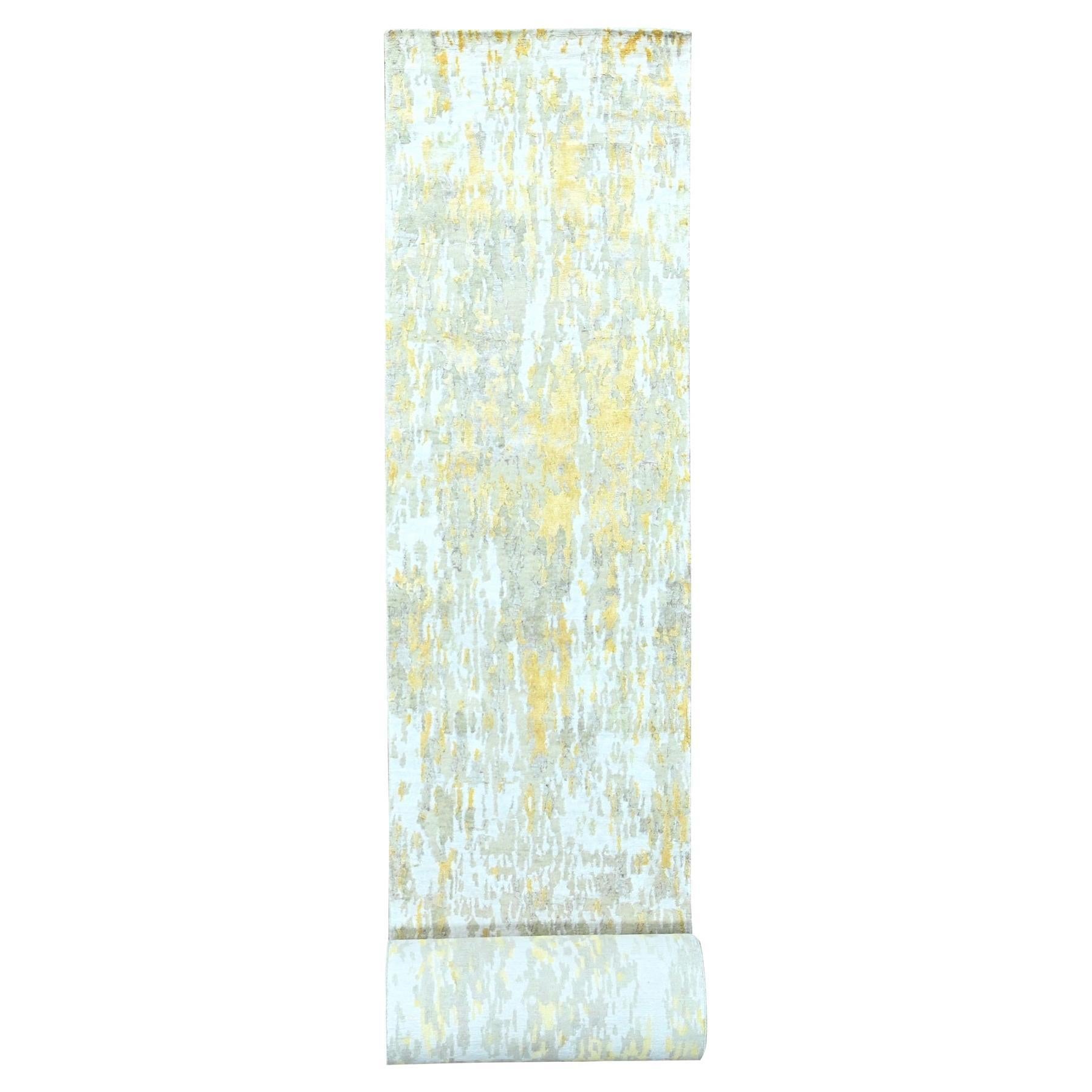 2'7'x23'6" Beige with Gold Abstract Design Wool and Silk Hand Knotted Runner Rug For Sale