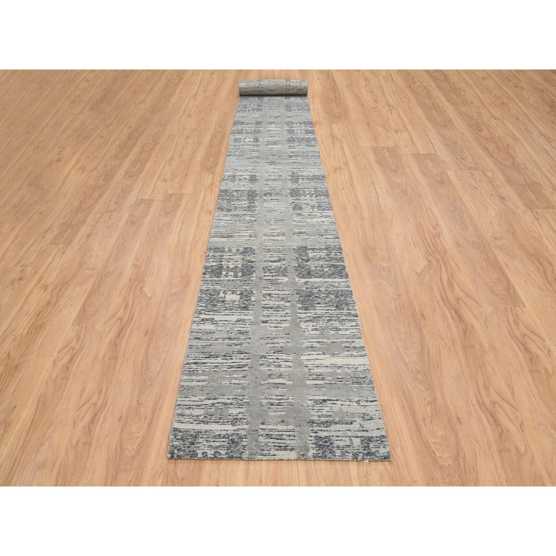 This is a truly genuine one-of-a-kind Light Gray, Hand Spun Undyed Natural Wool, Hand Knotted, Modern Criss Cross Erased Design, XL Runner Oriental Rug. It has been Knotted for months and months in the centuries-old weaving craftsmanship techniques