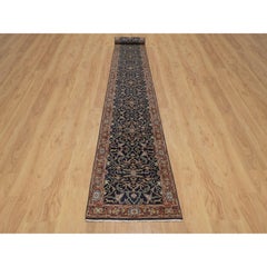 2'7"x23'8" Midnight Blue Antiqued All Over Design Hand Knotted Wool Runner Rug
