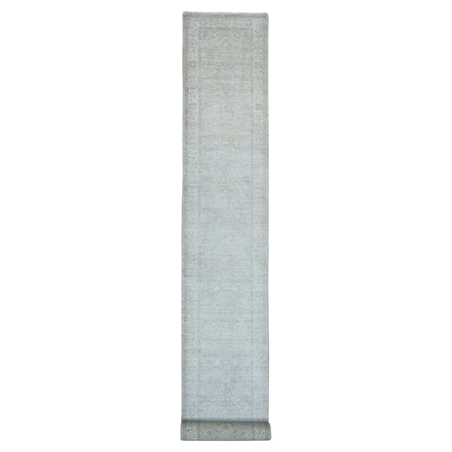 Tappeto Runner in lana annodato a mano 2'7 "x23'8" grigio Peshawar con disegno Heriz