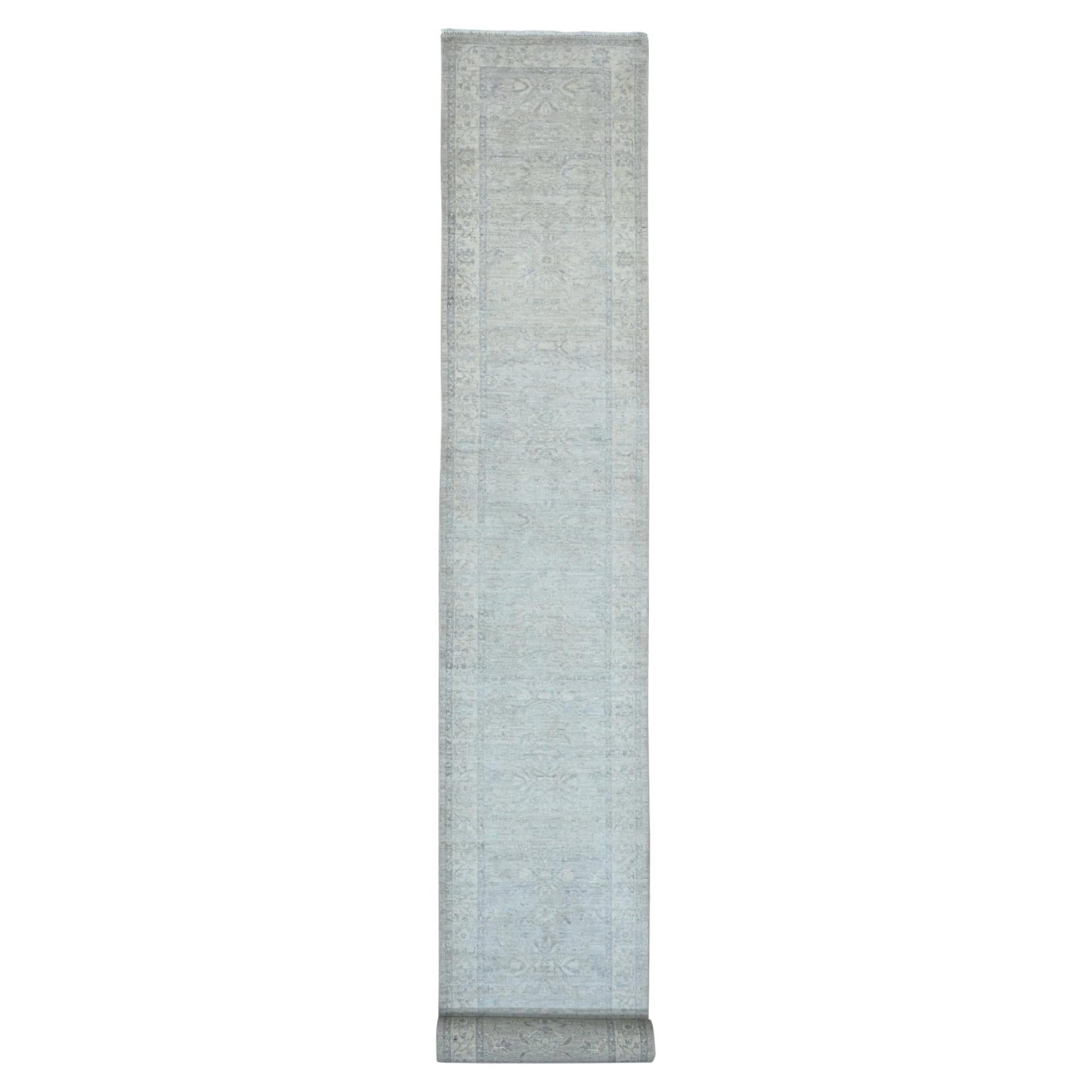 2'7"x23'8" Misty Gray Peshawar with Heriz Design Hand Knotted Wool Runner Rug For Sale