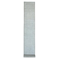 2'7"x23'8" Misty Gray Peshawar with Heriz Design Hand Knotted Wool Runner Rug
