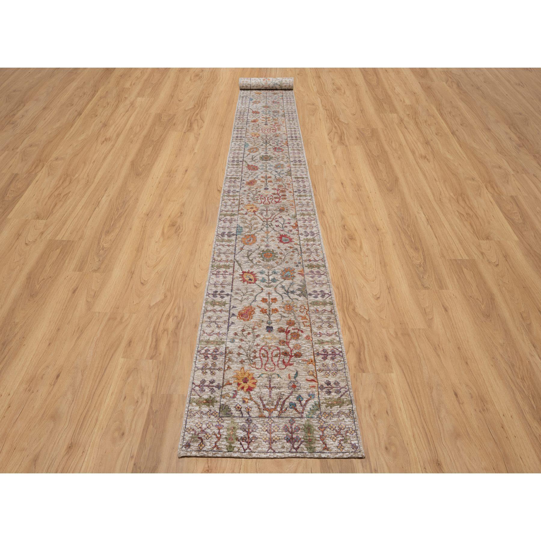 Rice White with Brown, Hand Knotted, Directional Vase Design, Silk with Textured Wool XL Runner, Oriental Rug
Primary materials: Wool & Silk
Latex: No Pile 
height: 0.25 Inches
Style: Transitional
Primary color: Ivory
Secondary colors: Red, Orange,