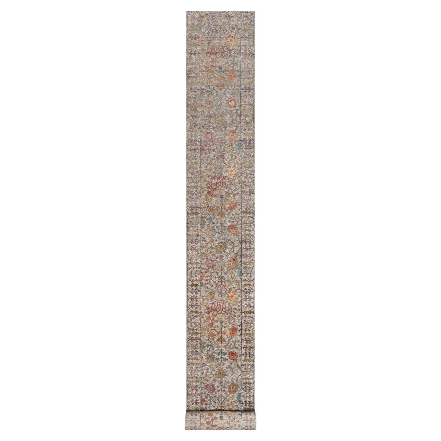 2'7"x23'9" Rice White Hand Knotted Vase Design Silk with Textured Wool Runner Ru