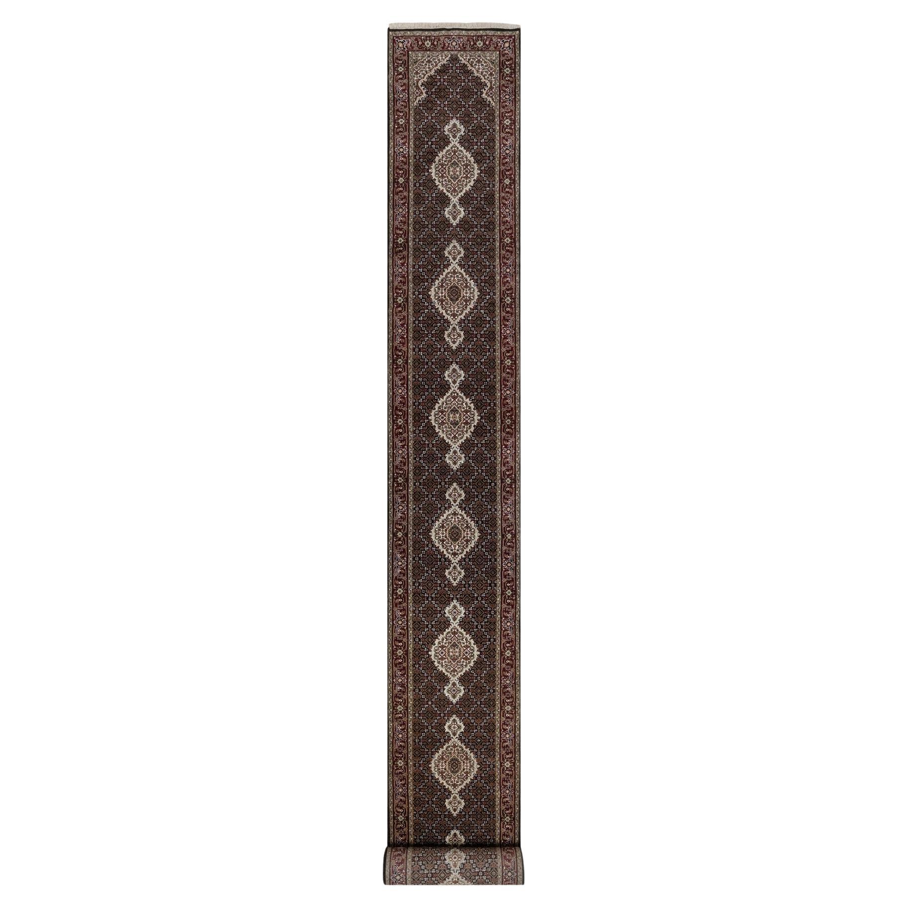 2'7"x24'1" Black Tabriz Mahi with Fish Design Hand Knotted Pure Wool Runner Rug