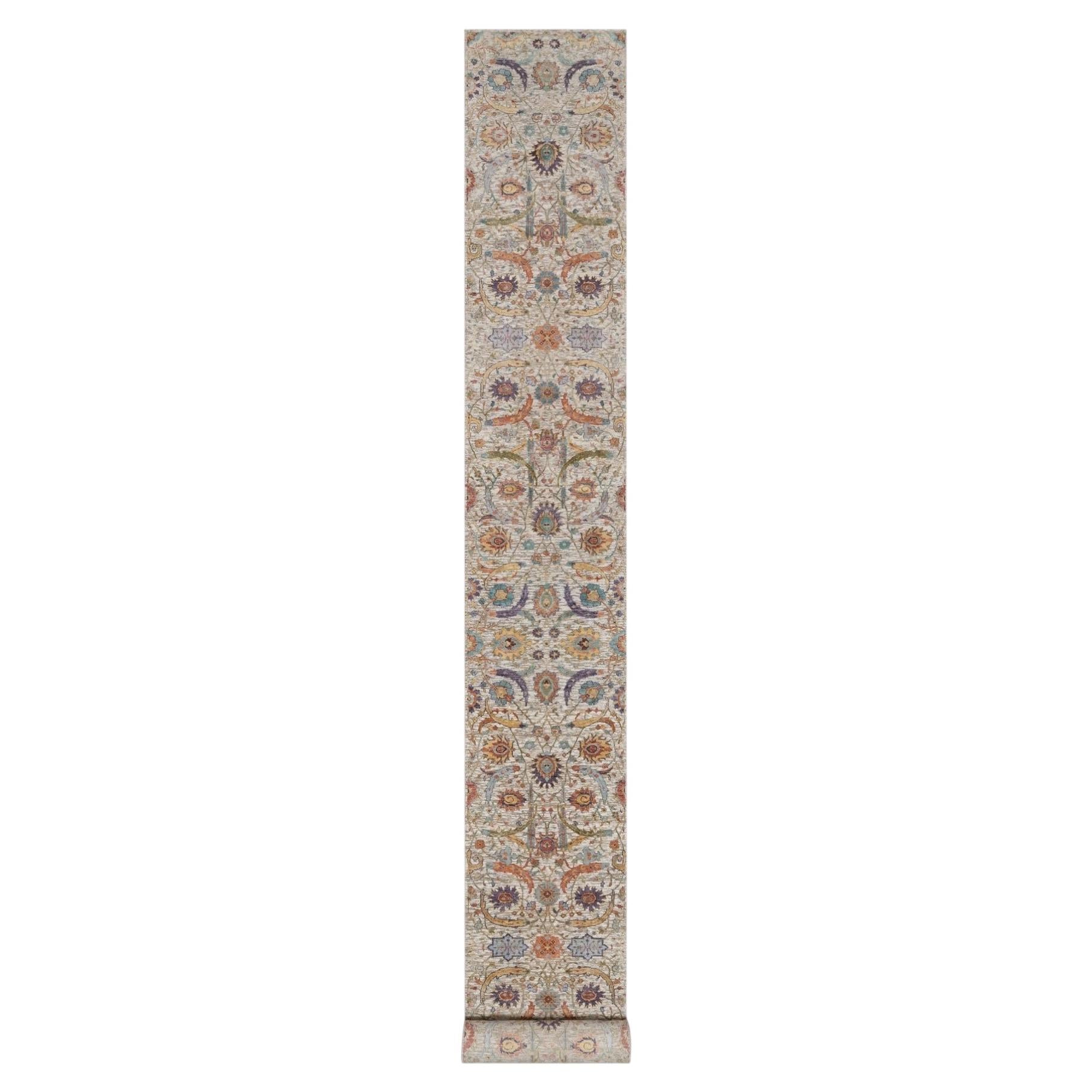 2'7"x24'1" Ivory Hand Knotted Sickle Leaf Design Silk with Wool XL Runner Rug