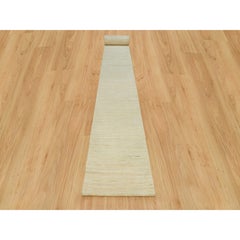 2'7"x25'1" Aged White Wool Hand Knotted Lori Buft Gabbeh Plain Design Rug