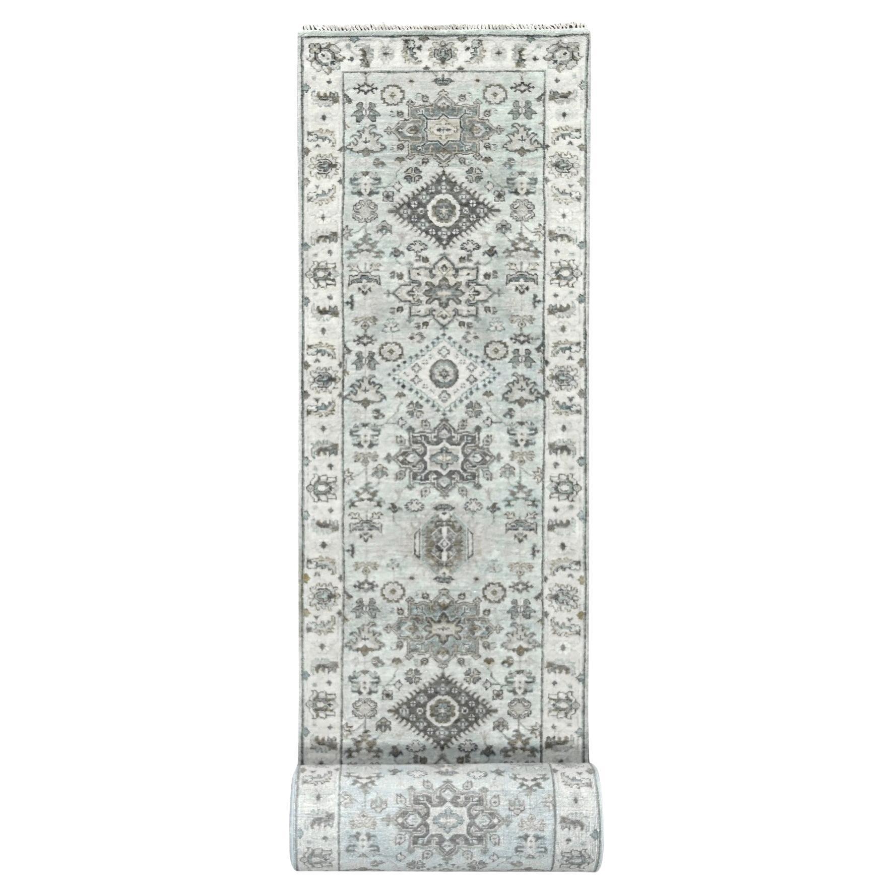 2'7"x25'10" Cloud Gray Hand Knotted Wool Karajeh Design XL Runner Oriental Rug