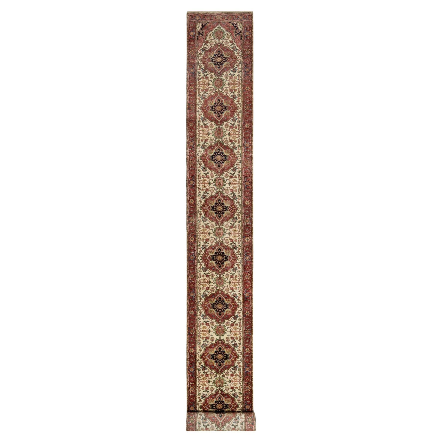 2'7"x25'5" Ivory Hand Knotted Antiqued Fine Heriz Re-Creation Wool Runner Rug