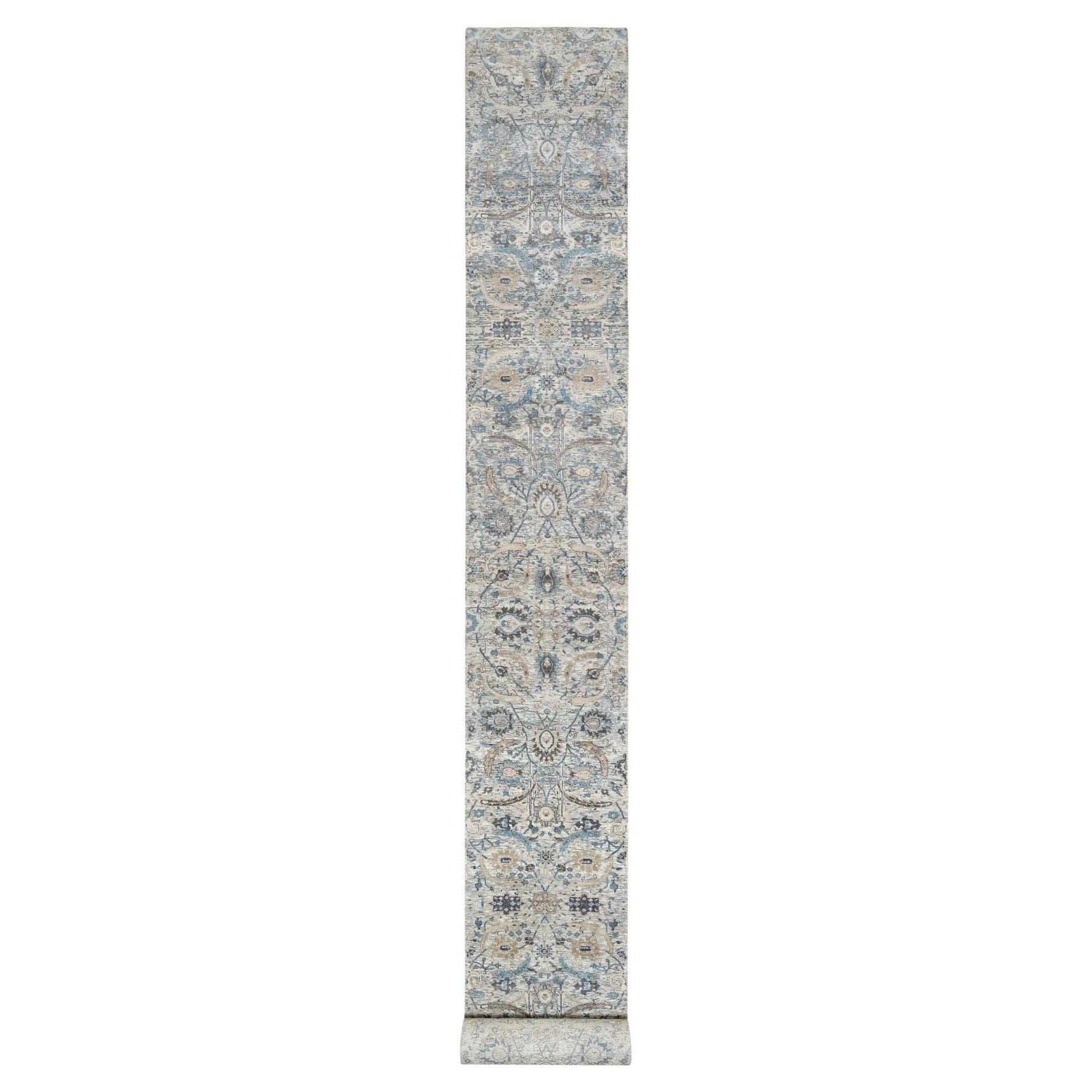 2'7"x25'9" Pristine White Hand Knotted Sickle Leaf Silk and Wool XL Runner Rug