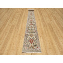 2'7"x26' Beige, The Sunset Rosettes, Wool and Silk, Hand Knotted Runner Rug
