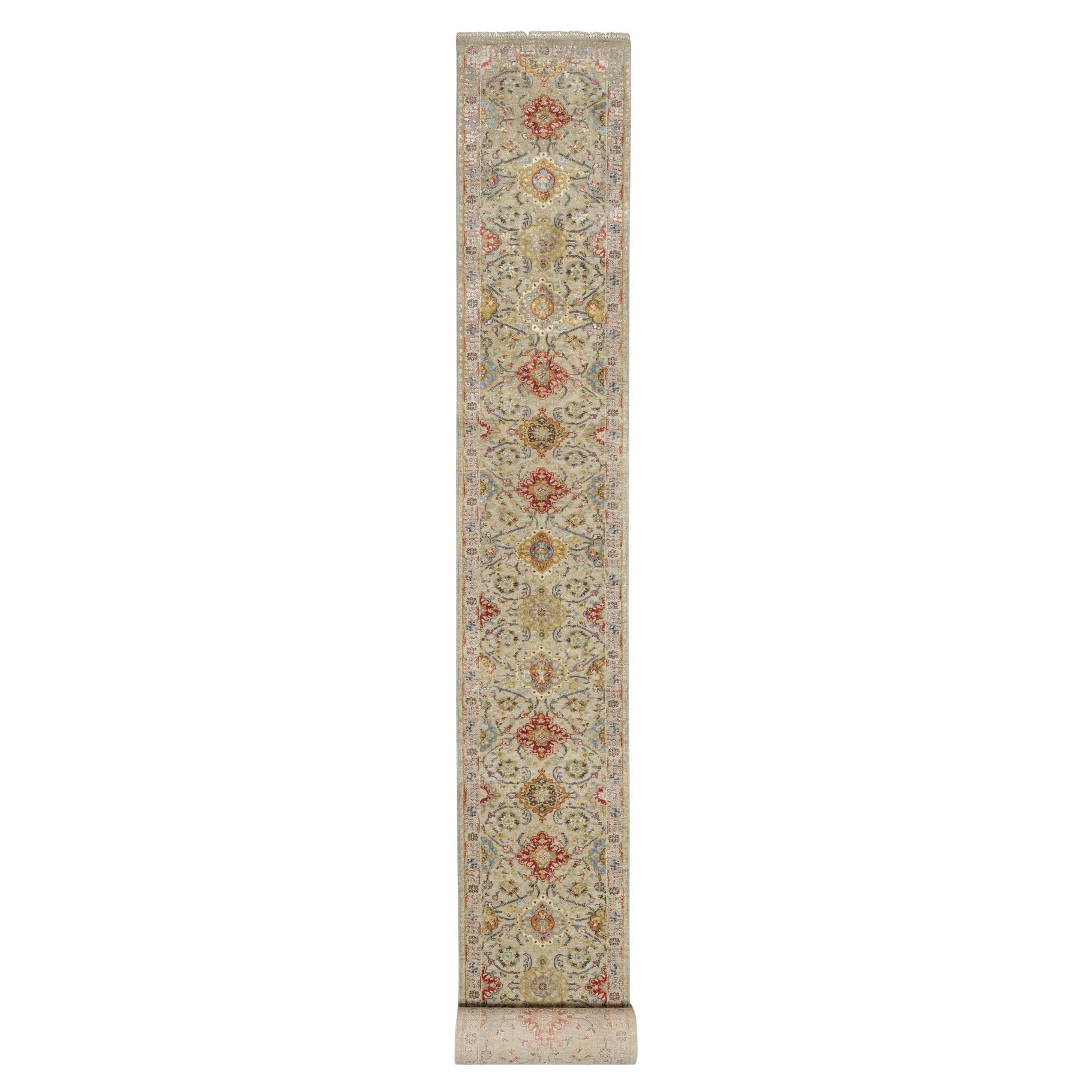 2'7 "x26' Beige, The Sunset Rosettes, Lana e seta, annodato a mano, XL Runner Rugs