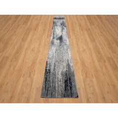 2'7"x26' Black with Ivory Hand Knotted Abstract Design Wool and Silk Runner Rug