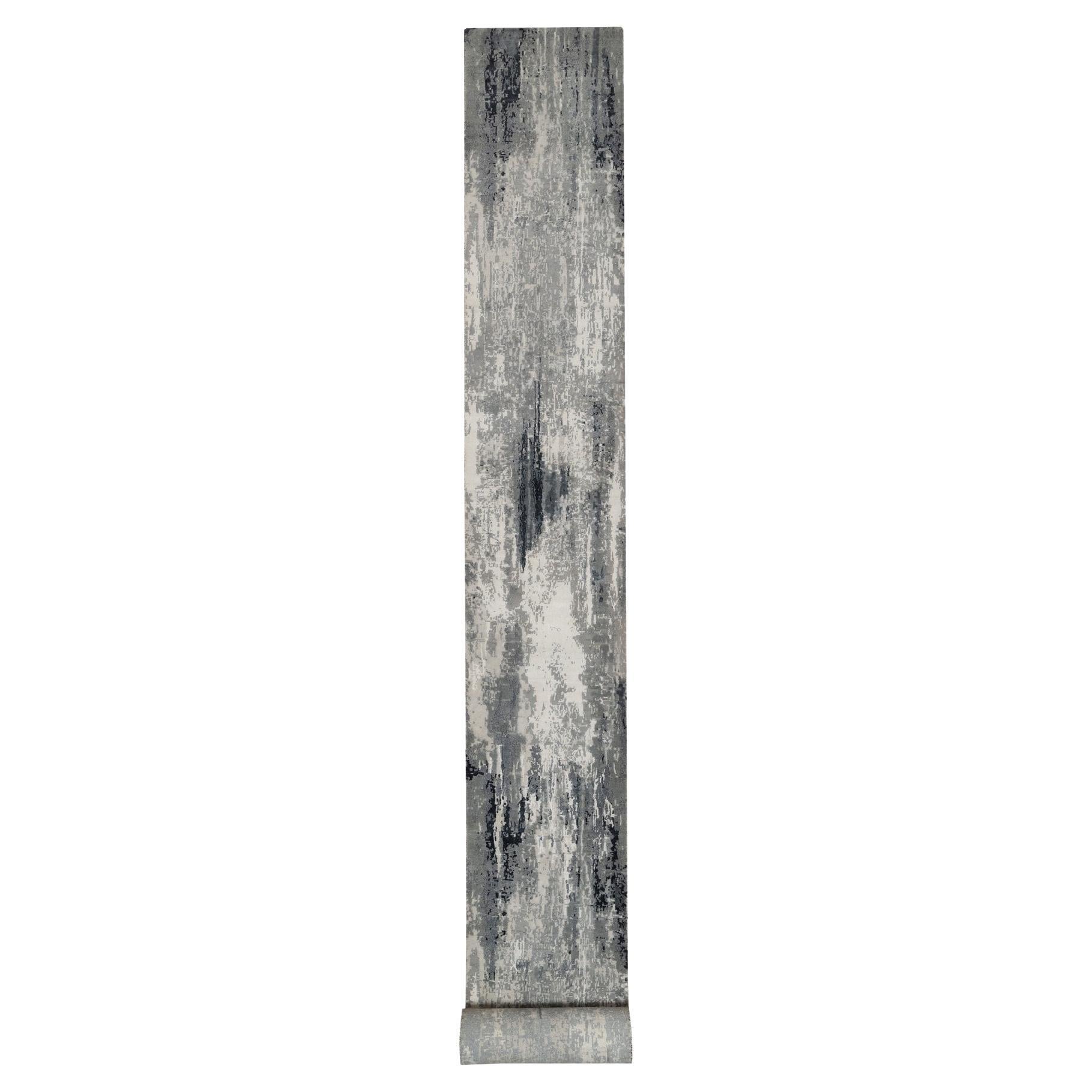 2
7 "x26
Schwarz mit Elfenbein Hand geknüpft abstrakte Design Wolle und Seide Läufer Teppich