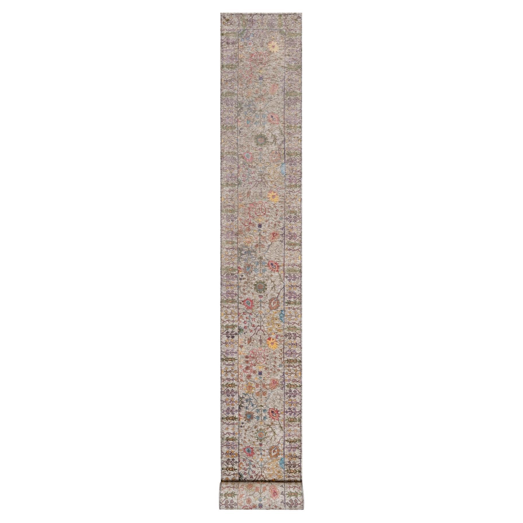 2
7"x27
3" Ivory Vase Design Hand Knotted Silk with Wool XL Runner Oriental Rug For Sale