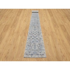 2'7"x27'7" White Hand Knotted Tabriz Pomegranate Design Silk & Wool Runner Rug