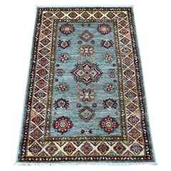 2'7"x3'10" Misty Gray Wool Afghan Super Kazak with Geometric Motifs Mat Rug