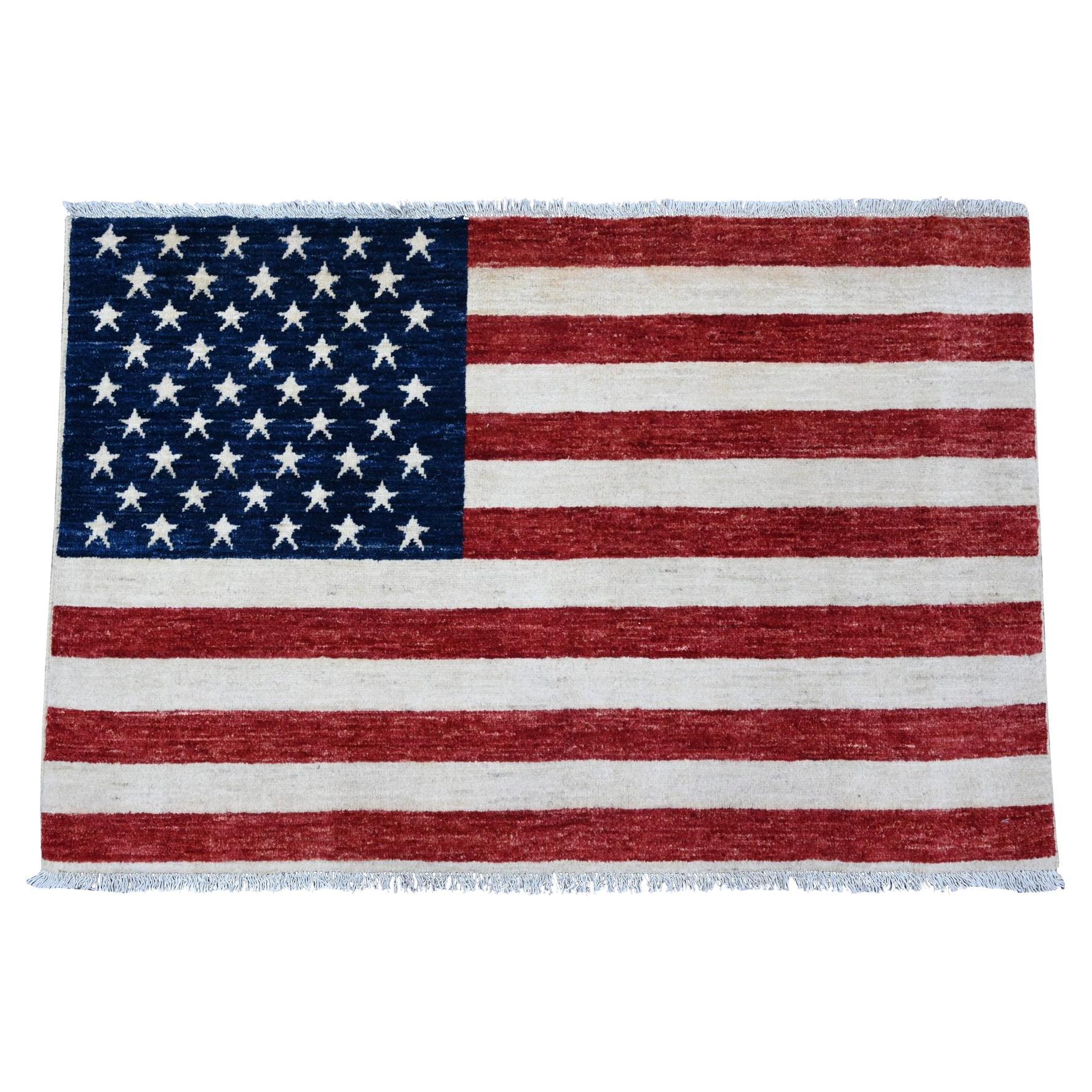 2'7 "x3'10" Drapeau américain rouge Suspension murale Tapis oriental en laine douce noué à la main