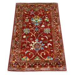 2'7"x3'10" Rust Red Pure Wool Afghan Sultani Hand Knotted Sample Mat Rug