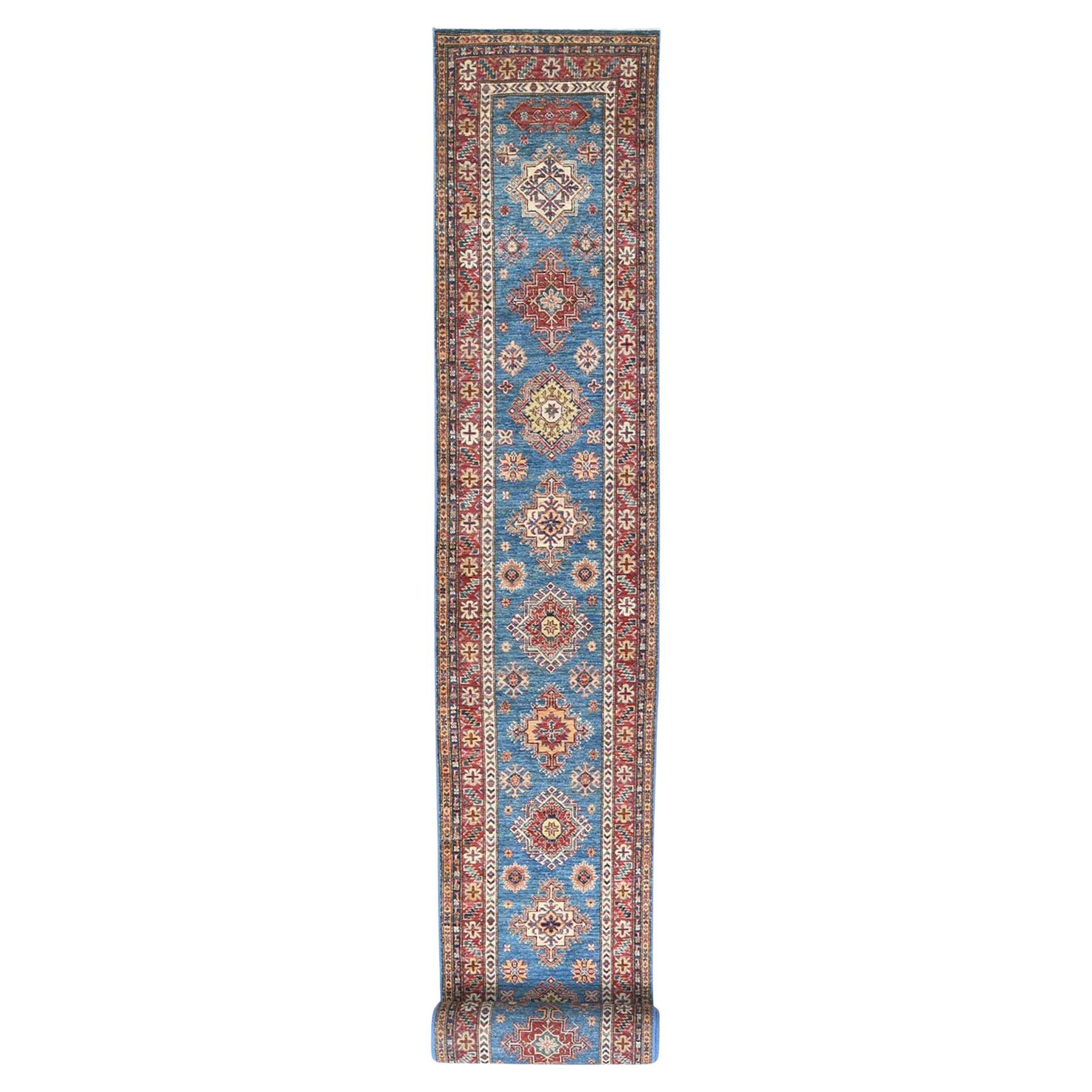 2'7"x34' Blue Soft Wool Hand Knotted Afghan Super Kazak XL Runner Oriental Rug