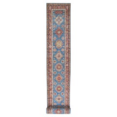 2'7 "x34' Azul Lana Suave Anudada a Mano Alfombra Oriental Afgana Super Kazak XL Runner