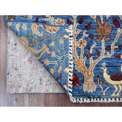 Alfombra de Lana Anudada a Mano con Diseño de Aves del Paraíso Azul Peshawar 2'7 "x4