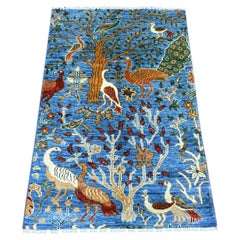 Alfombra de Lana Anudada a Mano con Diseño de Aves del Paraíso Azul Peshawar 2'7 "x4