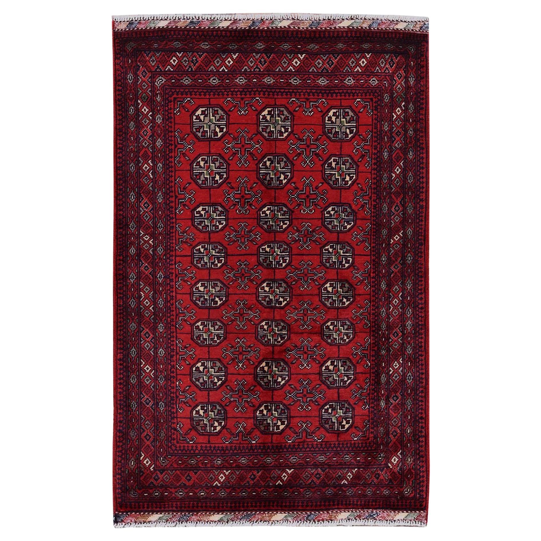 2
7"x4
 Chili Red Princess Bokara with Geometric Pattern Hand Knotted Wool Rug For Sale