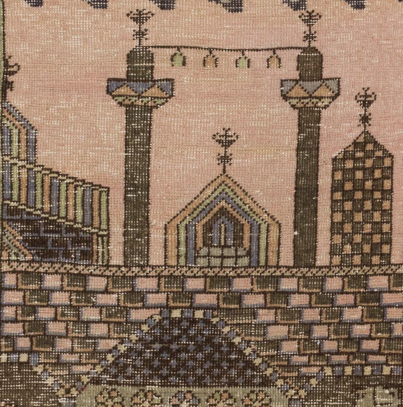 2.7x4 Ft Vintage One-of-a-Kind malerischen anatolischen Gebetsteppich Darstellung einer Moschee (Türkisch) im Angebot