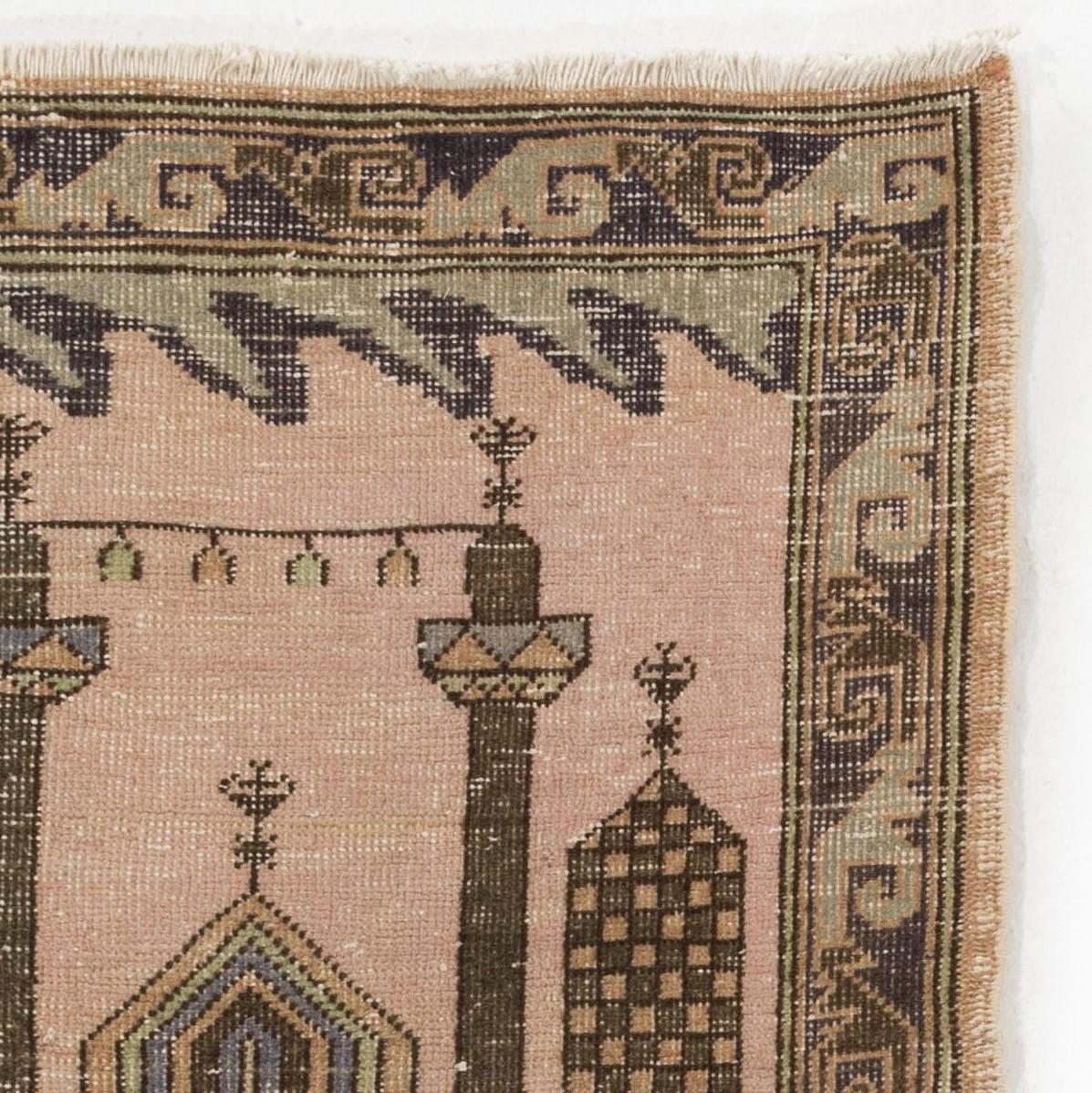 2.7x4 Ft Vintage One-of-a-Kind malerischen anatolischen Gebetsteppich Darstellung einer Moschee (Handgeknüpft) im Angebot