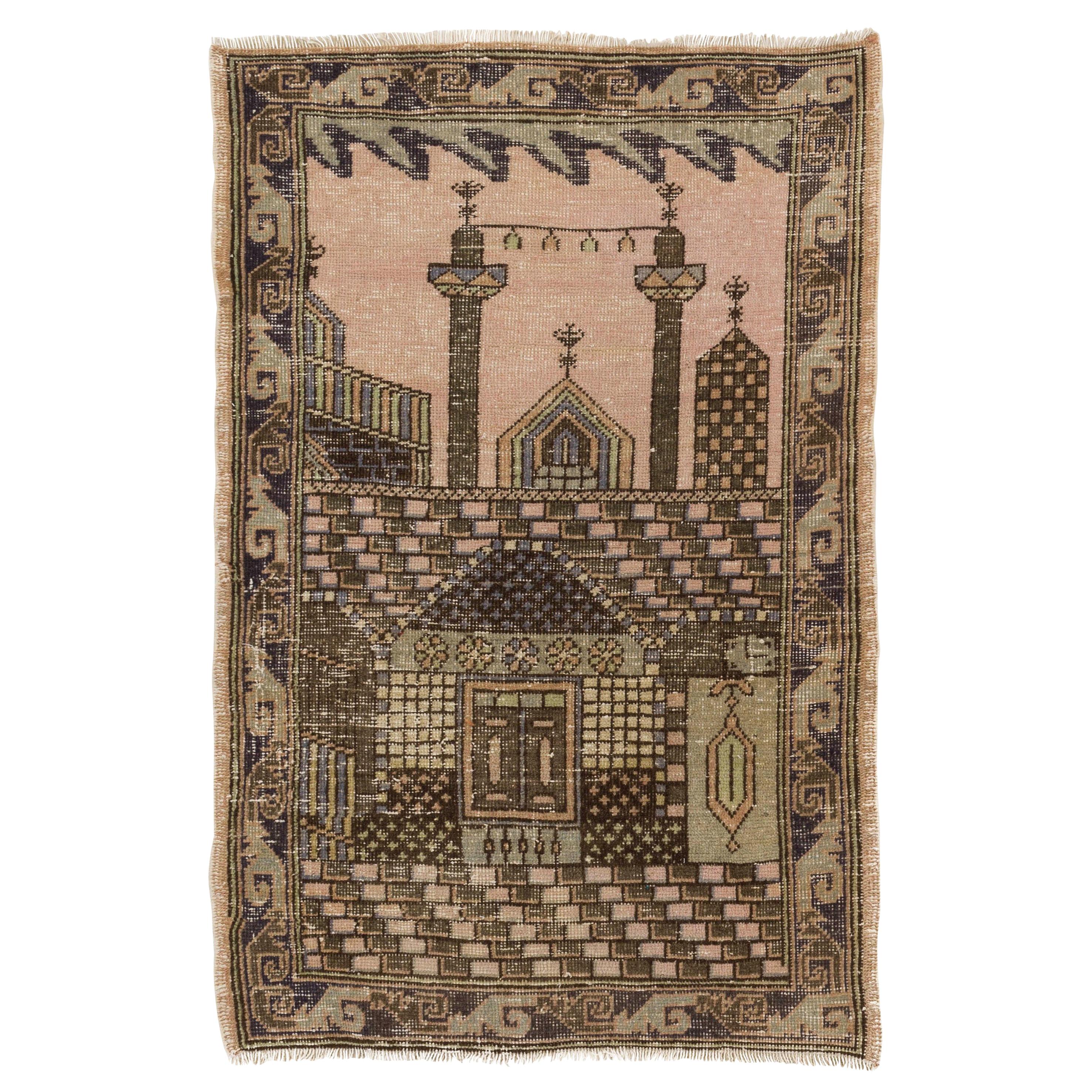 2.7x4 Ft Vintage One-of-a-Kind Pictorial Anatolian Prayer Rug Depicting a Mosque
