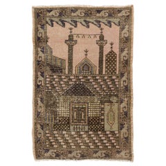 2.7x4 Ft Vintage One-of-a-Kind Anatolian Pictorial Prayer Rug Depicting a Mosque
