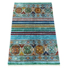 2'7"x4' Light Blue Wool Hand Knotted Afghan Super Kazak Sample Mat Rug